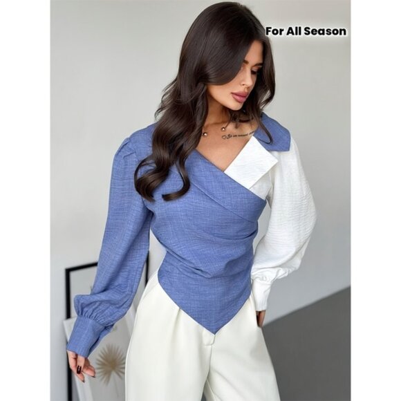 Women's Elegant Asymmetrical Hem Blouse - Solid Color Classic Collar Shirt Top, - Picture 1 of 8
